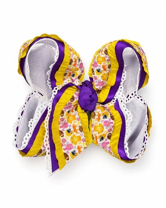 White trim purple gold printer bow