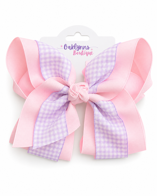 Pink and purple gingham double-lined 5.5-inch hair bow