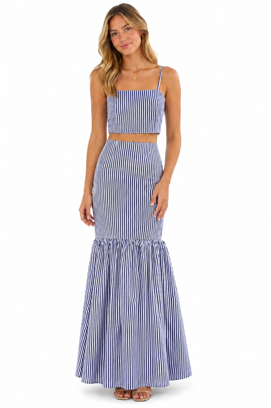 Women's Striped Maxi Skirt Set - Purple and White