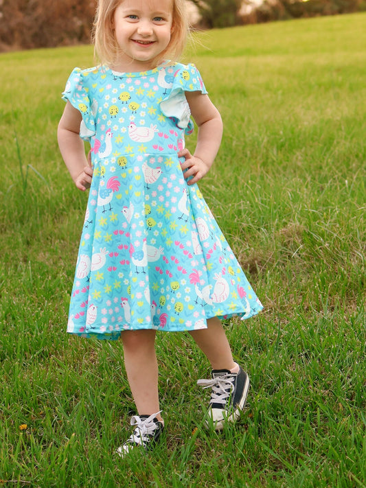 Aqua Spring Chicken Floral Farm Print Girls Dress