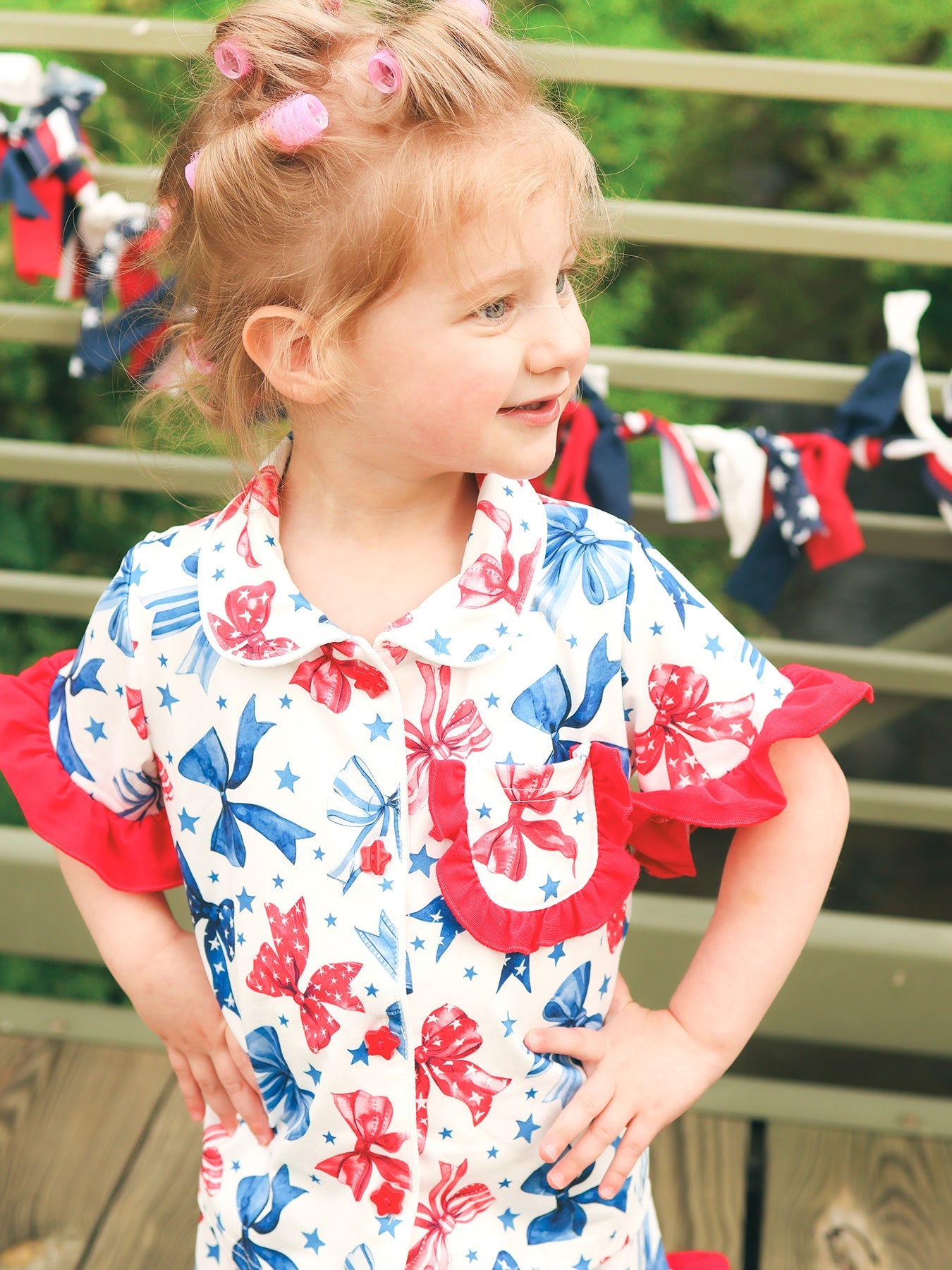 4th Of July Bow Star Girls Pajamas Set