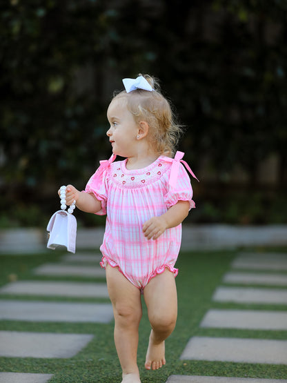 Valentine's Day Pink Plaid Smocked Heart Embroidery Girls Romper
