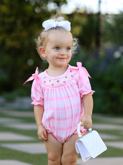 Valentine's Day Pink Plaid Smocked Heart Embroidery Girls Romper