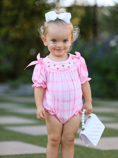 Valentine's Day Pink Plaid Smocked Heart Embroidery Girls Romper