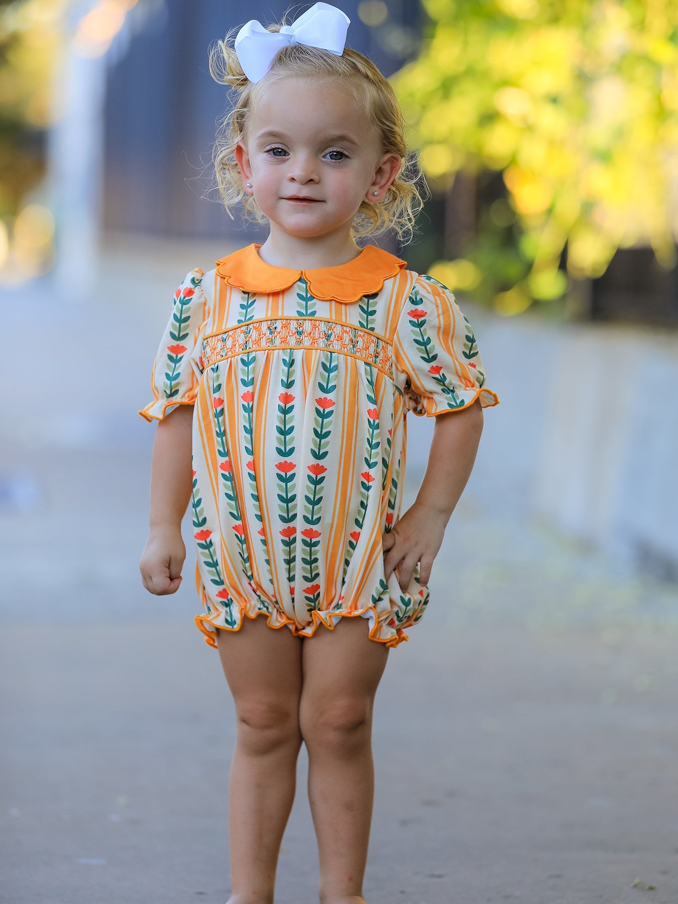 Fall Floral Stripe Baby Girls Romper Petals Collar Smocked
