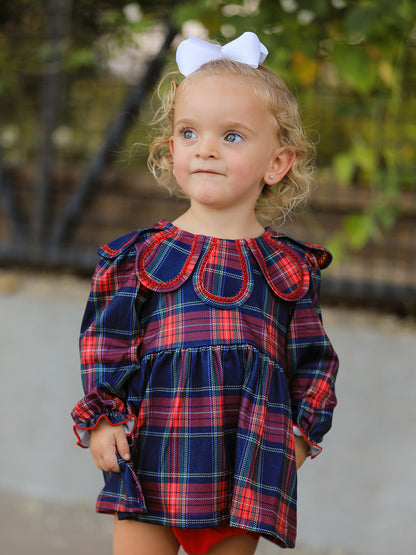 Fall Plaid Girl Set Petal Collar Puff Sleeve Bloomer