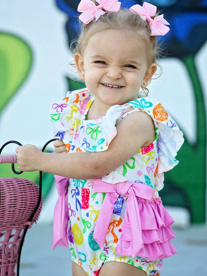 Rainbow Easter Egg Print Bow Baby Girls Romper