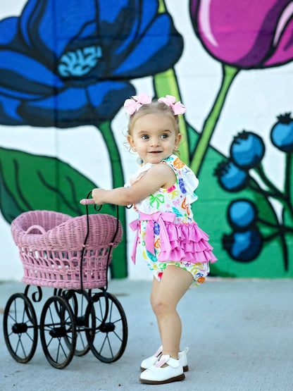 Rainbow Easter Egg Print Bow Baby Girls Romper