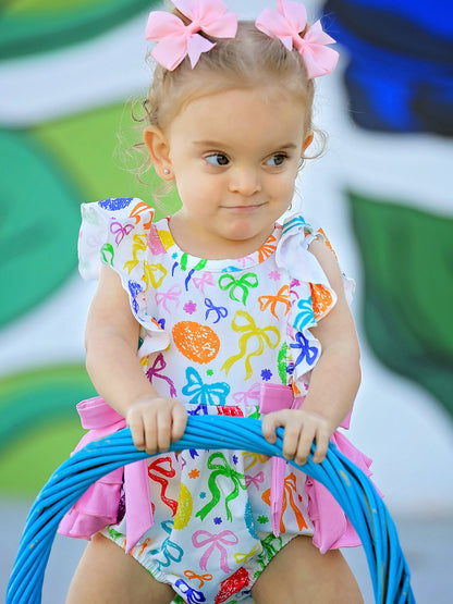 Rainbow Easter Egg Print Bow Baby Girls Romper