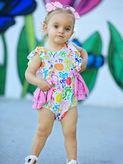 Rainbow Easter Egg Print Bow Baby Girls Romper