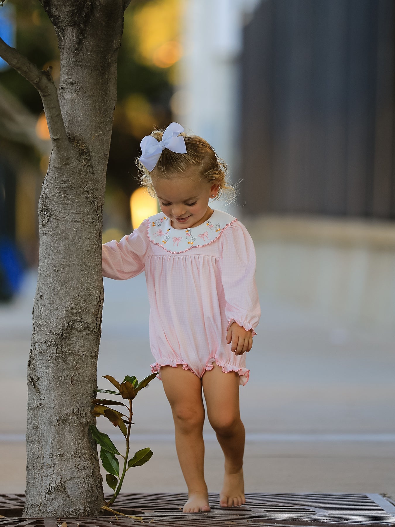 Pink Goose Embroidered Baby Girl Romper Ruffle Collar