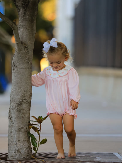 Pink Goose Embroidered Baby Girl Romper Ruffle Collar