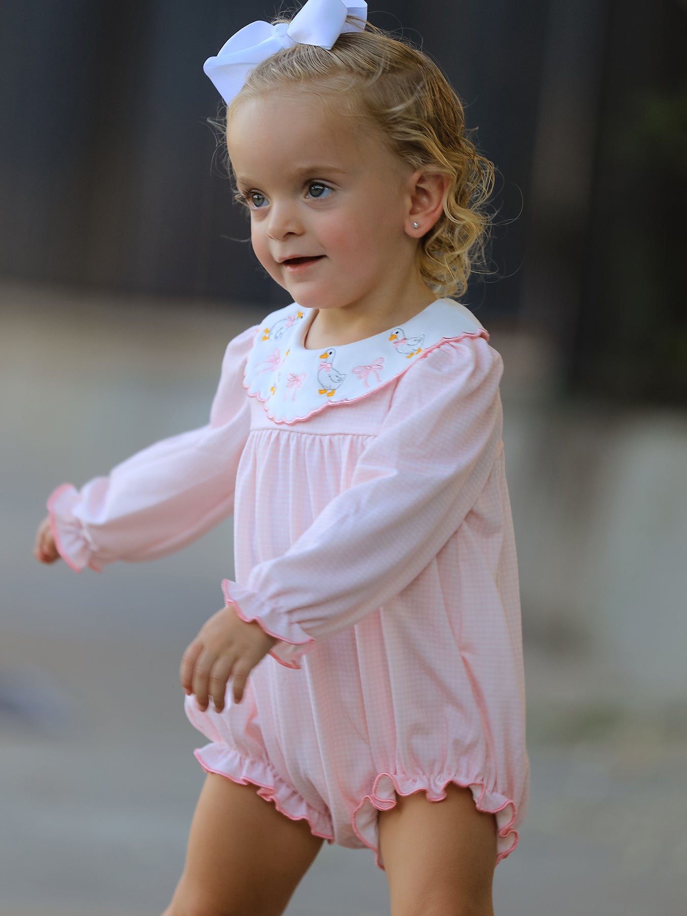 Pink Goose Embroidered Baby Girl Romper Ruffle Collar