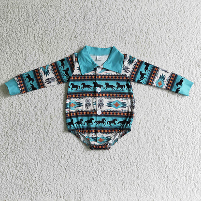 Sibling Baby Boys Western Horse Long Sleeve Buttons Rompers