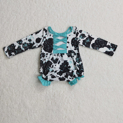 Sibling Baby Girls Cow Turquoises Ruffle Pants Western Clothes Sets Knee Length Dress Rompers