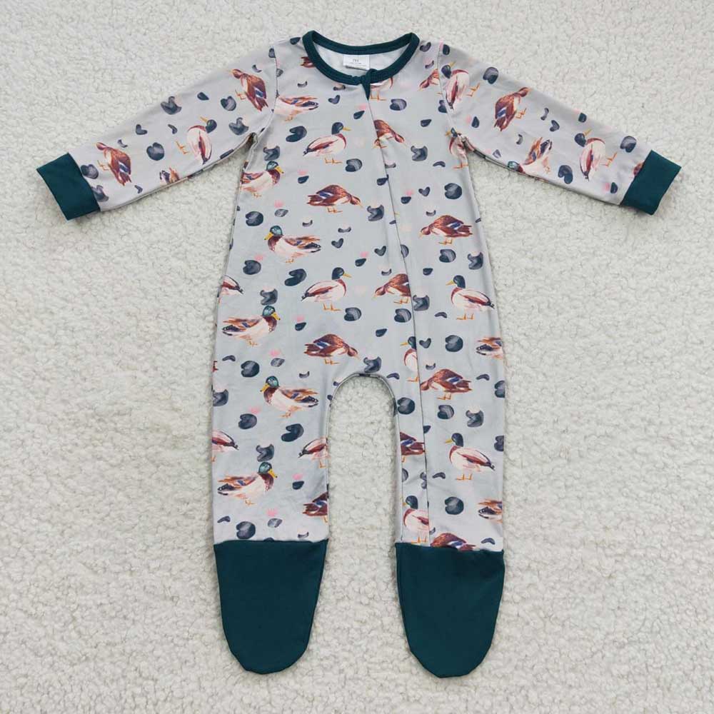 Sibling Baby Boys Ducks Plaid Pajamas Sets Zipper Footed Rompers