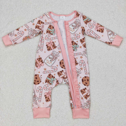 Sibling Baby Kids Cookie Candy Cane Top Pants Christmas Pajamas Sets Zipper Footie Rompers