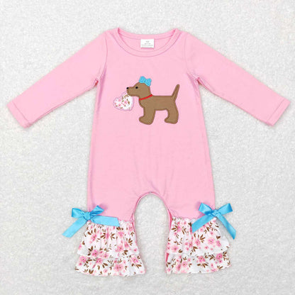Sibling Baby Girls Embroidery Floral Heart Dogs Ruffle Pant Valentines Clothes Sets Footie Rompers
