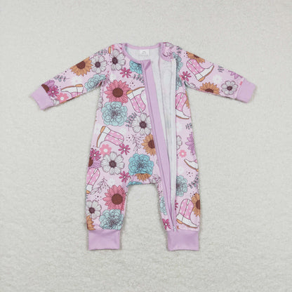 Sibling Baby Girls Lavender Pink Flowers Boots Top Pants Pajamas Sets Zipper Rompers