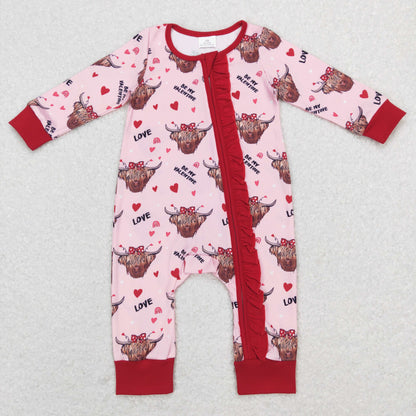 Sibling Baby Girls Hearts Highland Cows Top Ruffle Pants Valentine Pajamas Sets Zipper Footie Rompers