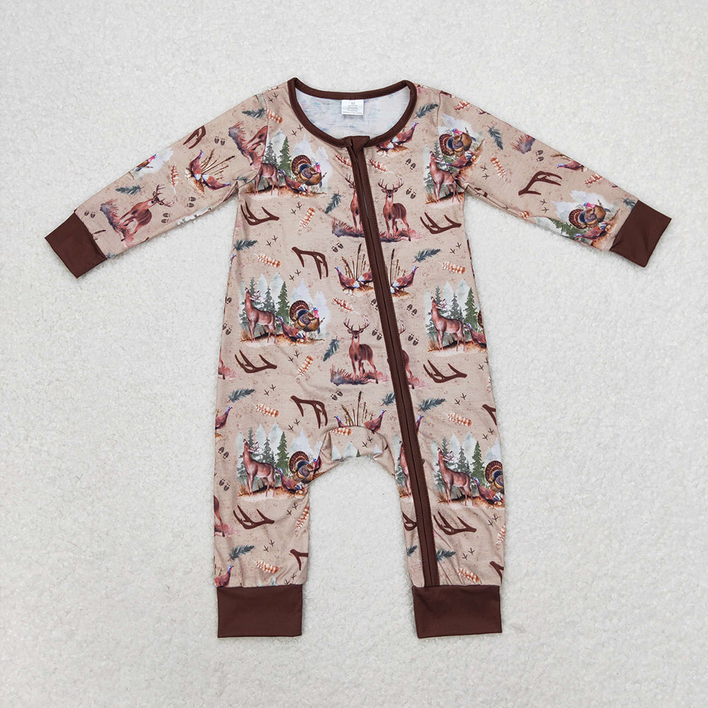 Sibling Baby Boys Deer Birds Turkey Top Pant Hunting Pajamas Set Zip Rompers