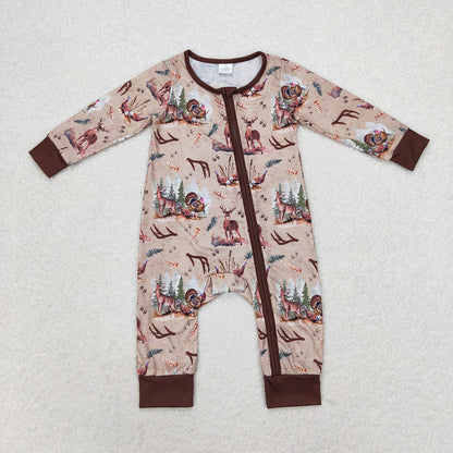 Sibling Baby Boys Deer Birds Turkey Top Pant Hunting Pajamas Set Zip Rompers