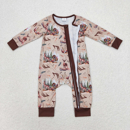 Sibling Baby Boys Deer Birds Turkey Top Pant Hunting Pajamas Set Zip Rompers