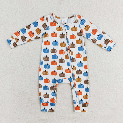 Sibling Baby Infant Girls Pumpkins Fall Zip Rompers
