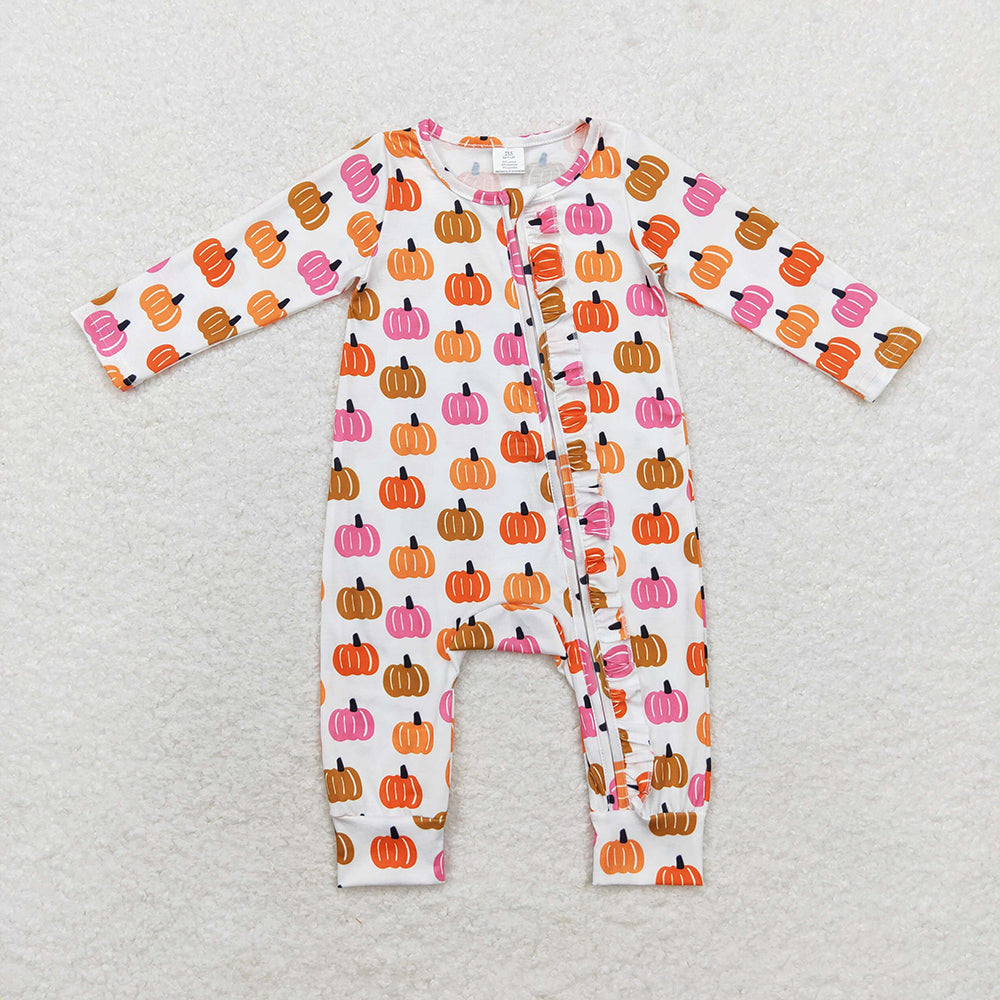 Sibling Baby Infant Girls Pumpkins Fall Zip Rompers