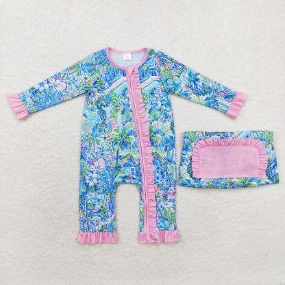 Sibling Baby Girls Blue Floral Ruffle Pant Bamboo Pajamas Sets Zipper Footie Rompers