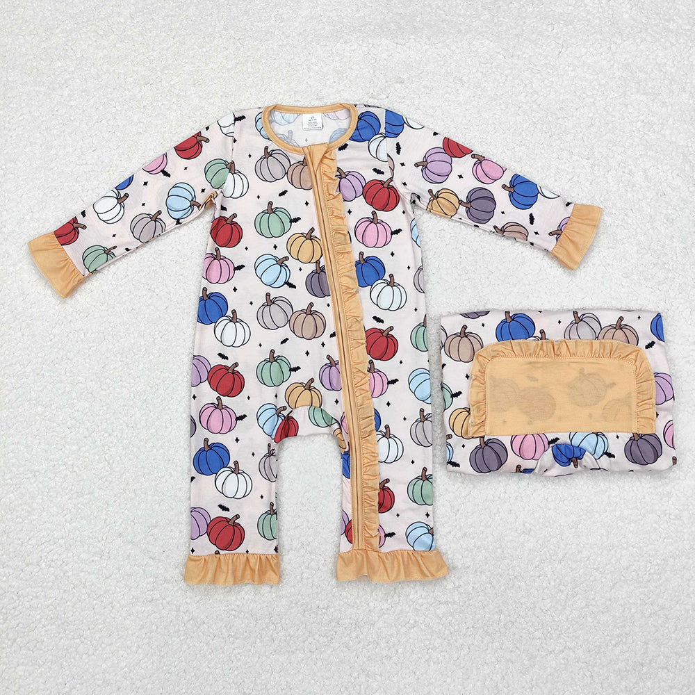 Sibling Baby Infant Girls Pumpkins Fall Zip Rompers