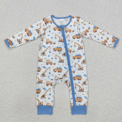 Sibling Baby Boys Blue Hearts Excavators Valentines Hoodie Top Zipper Convertible Rompers