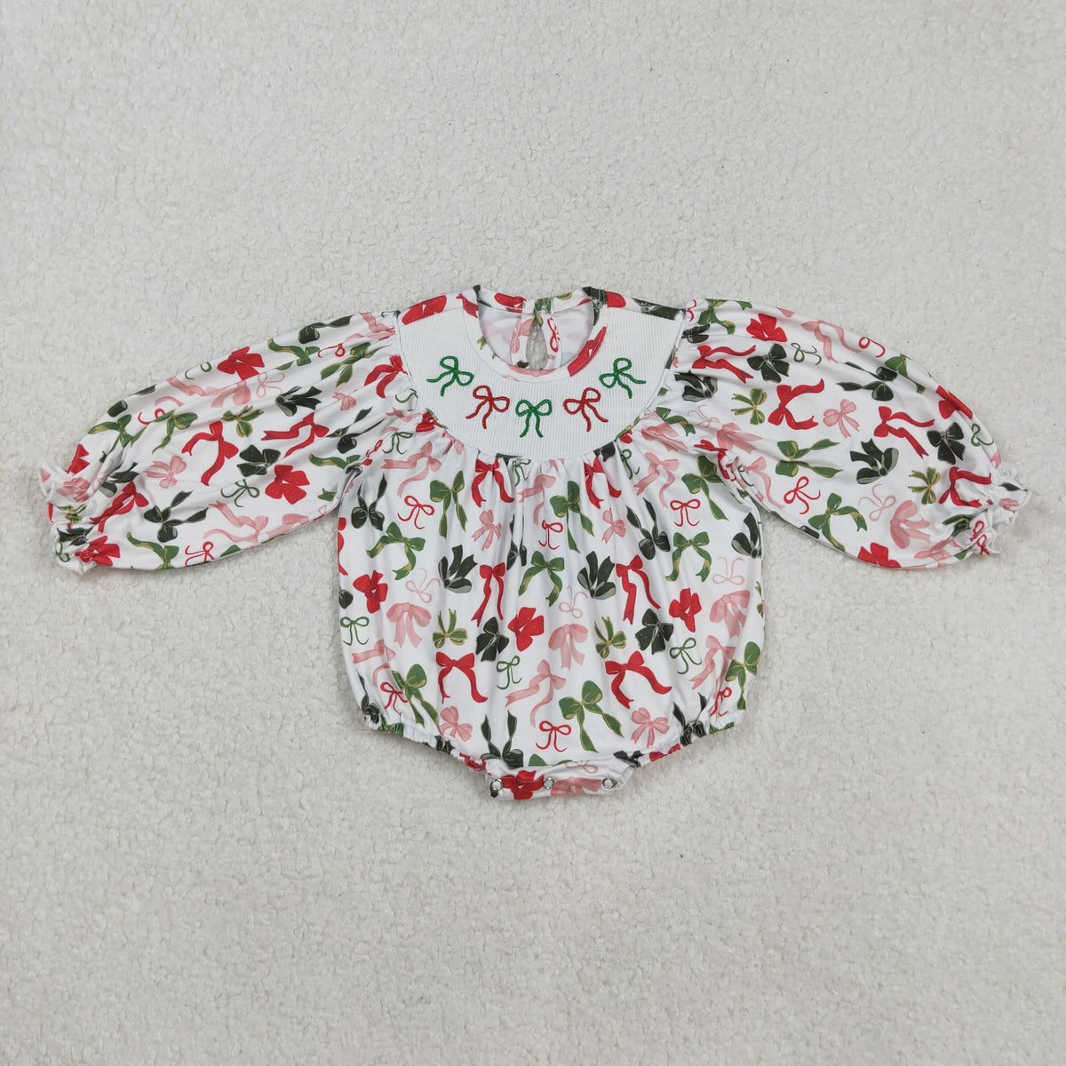 Smocked Embroidery Sibling Baby Girls Green Red Bows Christmas Knee Length Dresses