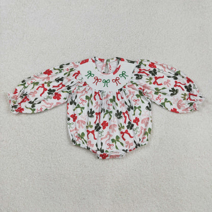 Smocked Embroidery Sibling Baby Girls Green Red Bows Christmas Knee Length Dresses