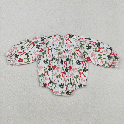 Smocked Embroidery Sibling Baby Girls Green Red Bows Christmas Knee Length Dresses
