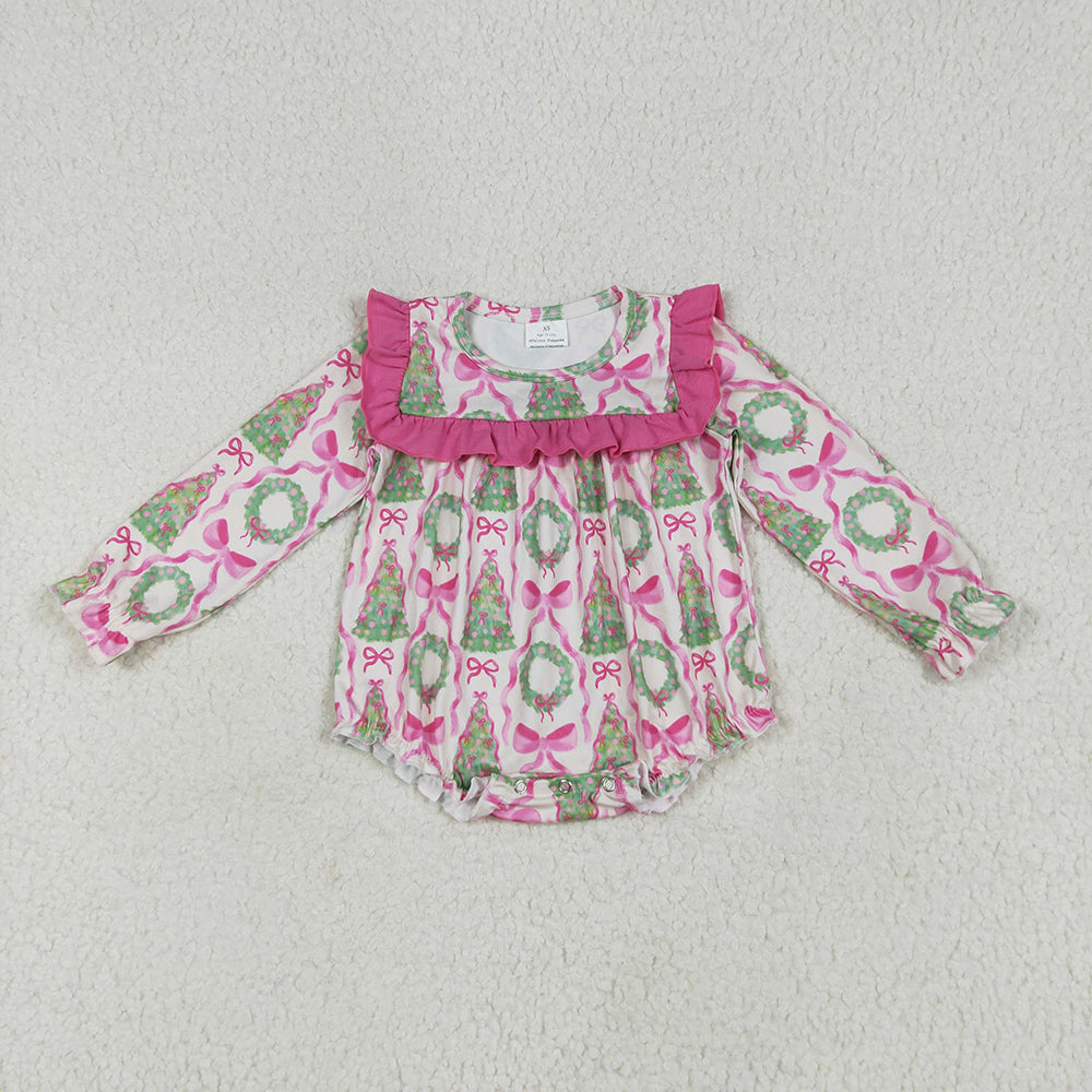 Sibling Baby Girls Christmas Trees Bows Rompers Outfits Sets