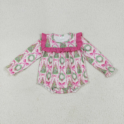 Sibling Baby Girls Christmas Trees Bows Rompers Outfits Sets