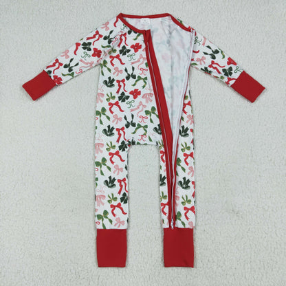Sibling Baby Kids Holly Bows Santa Christmas Two Way Zip Convertible Rompers
