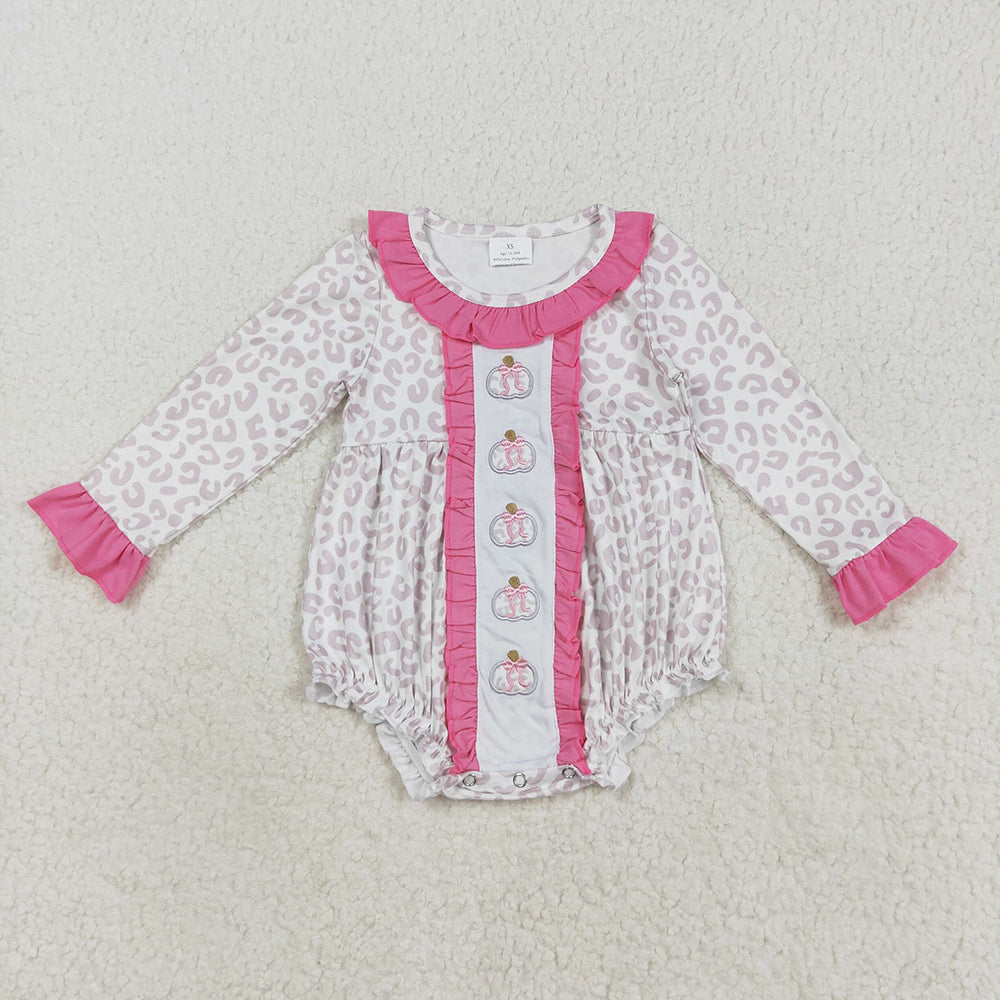 Sibling Embroidery Bows Pumpkins Baby Girls Leopard Fall Rompers Dresses Outfits