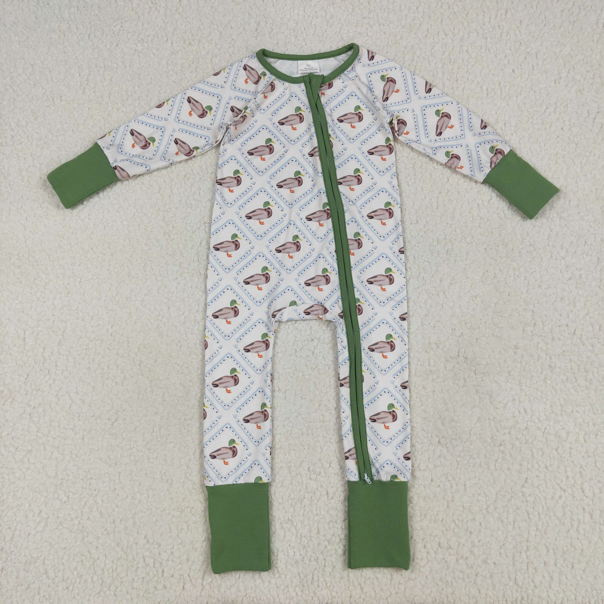 Sibling Boys Green Ducks Checked Pajamas Clothes Sets Zipper Rompers Blankets