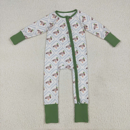 Sibling Boys Green Ducks Checked Pajamas Clothes Sets Zipper Rompers Blankets