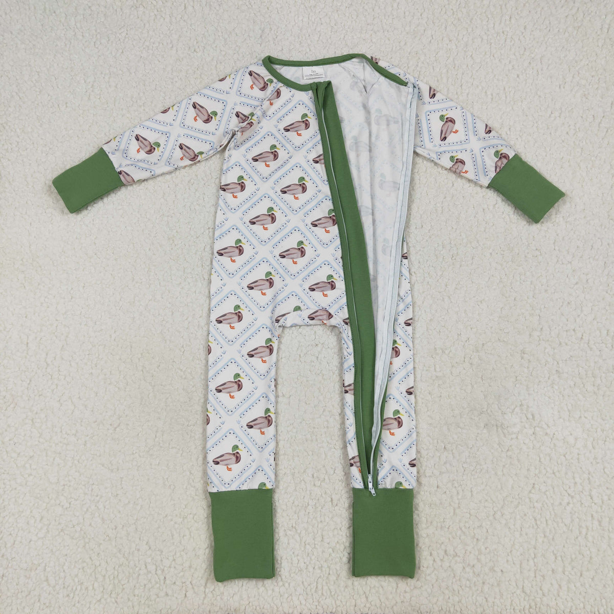 Sibling Boys Green Ducks Checked Pajamas Clothes Sets Zipper Rompers Blankets