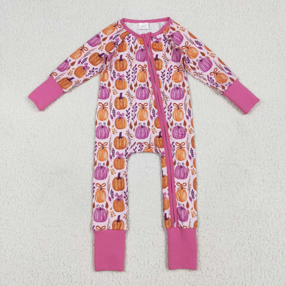 Sibling Baby Kids Hot Pink Pumpkins Floral Pajamas Sets Zipper Footie Rompers Blankets