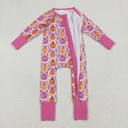 Sibling Baby Kids Hot Pink Pumpkins Floral Pajamas Sets Zipper Footie Rompers Blankets
