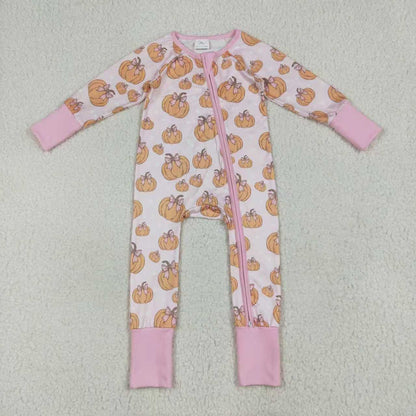 Sibling Baby Girls Pink Bows Pumpkins Rompers Pajamas Sets
