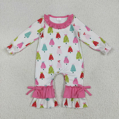 Sibling Baby Girls Christmas Bows Trees Rompers Outfits Sets