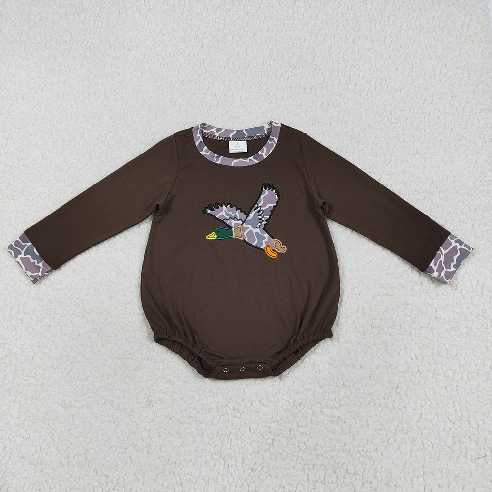Sibling Embroidery Baby Boys Brown Duck Top Camo Rompers Outfits Sets