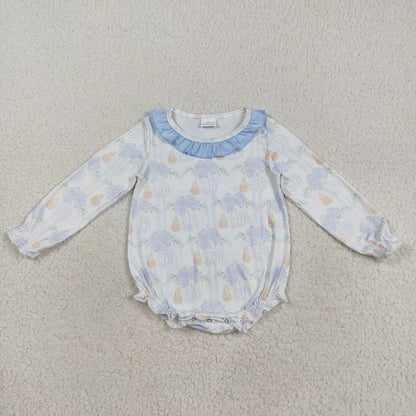 Sibling Baby Girls Blue Pumpkins Flowers Fall Rompers Dresses