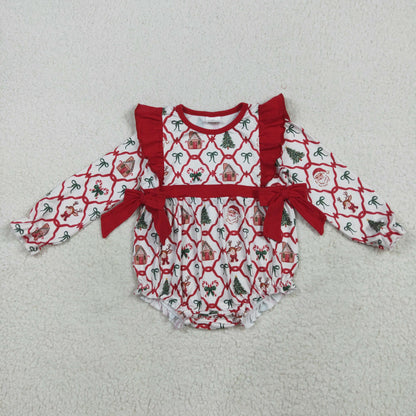 Family Sibling Baby Kids Christmas Red Bows Santa Trees Checked Clothes Sets Rompers Blanked