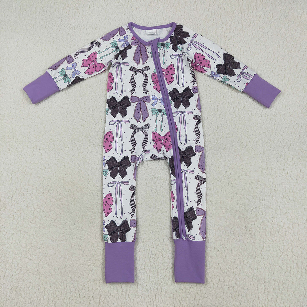 Sibling Baby Girls Purple Bows Pajamas Rompers Outfits Sets